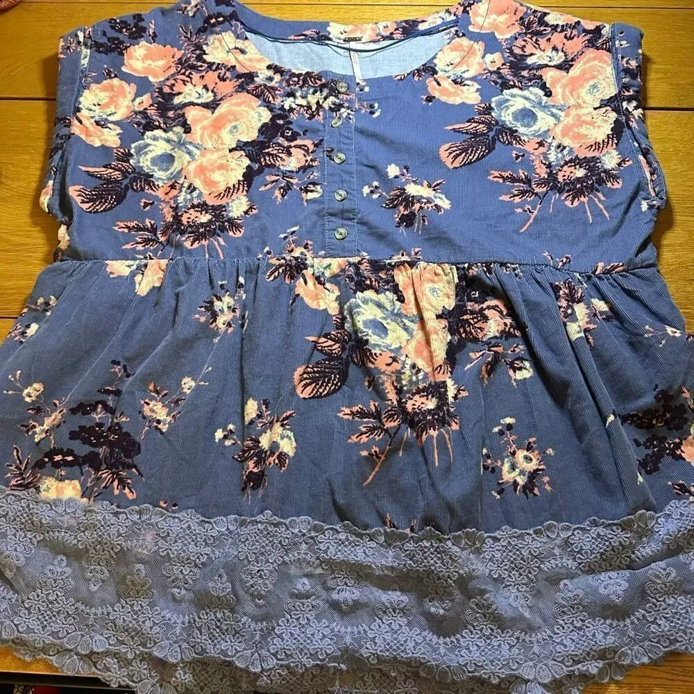 Free People Harper floral corduroy blue blouse large